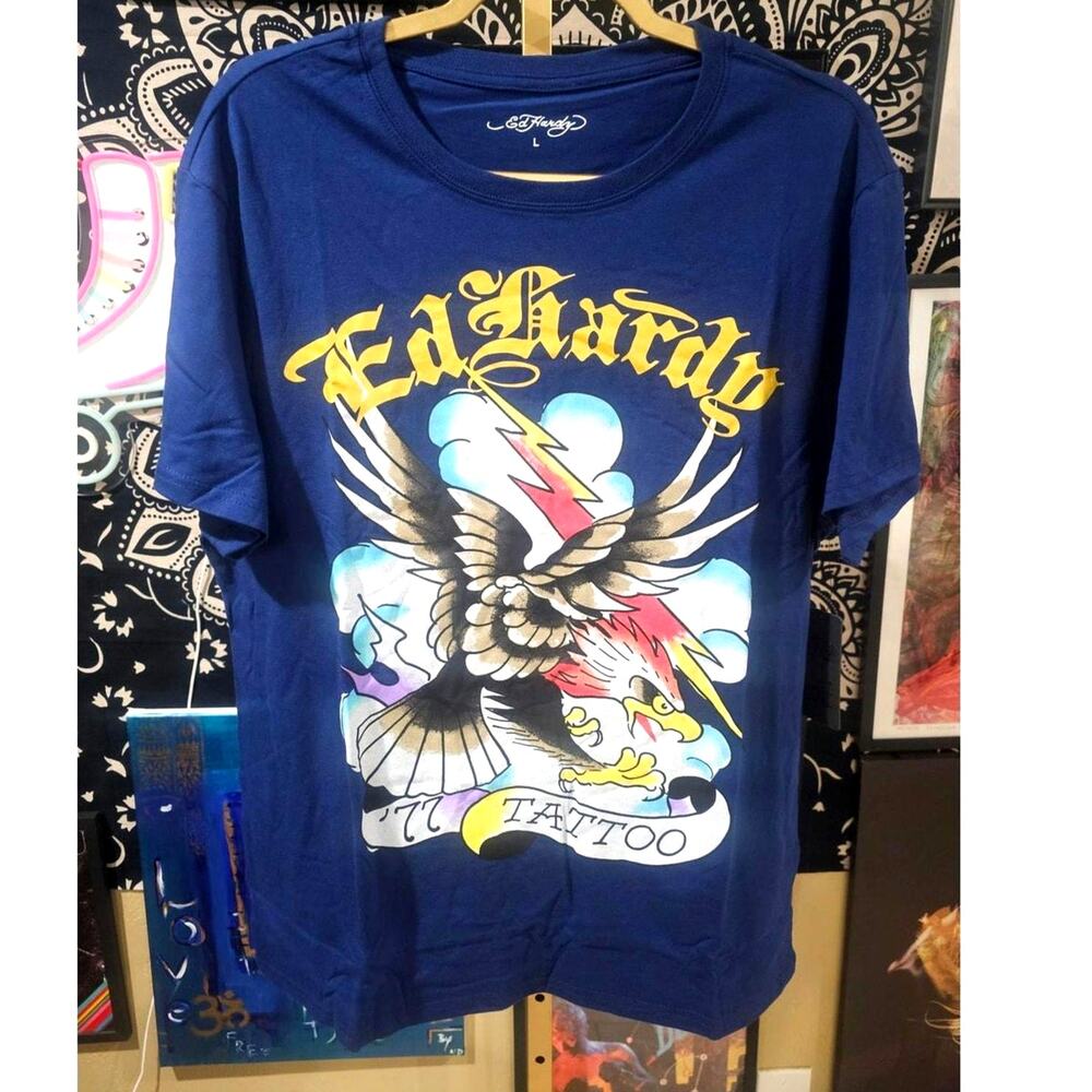 NWT Ed Hardy Lightning Eagle Tattoo Deadstock Y2K Style Streetwear T Navy Medium